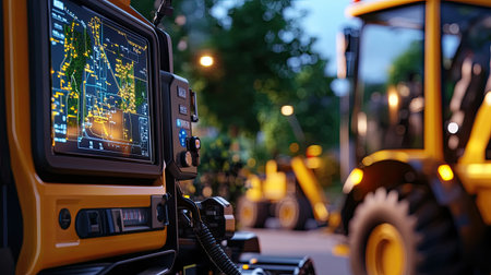 A high-tech display screen showcases data and maps on a construction site, with heavy machinery in the background. The modern equipment represents advanced technology in infrastructure development.の素材