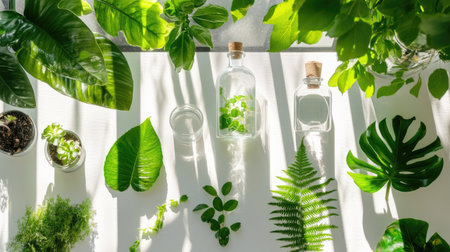 A serene display of fresh green plants in glass bottles showcases the beauty of nature. The play of sunlight and shadows creates a tranquil atmosphere, perfect for enhancing any interior space.の素材