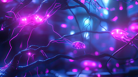 Vibrant abstract representation of glowing neurons in a surreal digital landscape. This illustration captures the essence of connection and energy in a dynamic environment.の素材