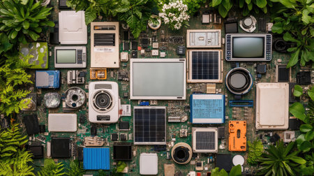 This captivating image showcases a blend of technology and nature, with electronic devices arranged creatively among lush greenery, highlighting the harmony between tech and the environment.の素材