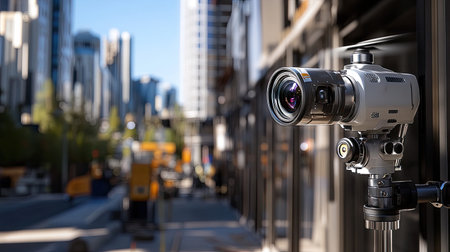 A sleek modern camera stands prominently in a vibrant urban setting, capturing the dynamic architecture and lively atmosphere of a bustling city.の素材