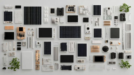 A creative flat lay featuring various technology components, including solar panels and electronics, showcasing modern design and sustainability themes. Perfect for innovation and renewable energy projects.の素材