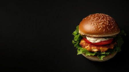 This appetizing chicken burger features fresh lettuce, tomato, and creamy mayonnaise, all nestled in a sesame seed bun on a striking black background. Perfect for food lovers.の素材