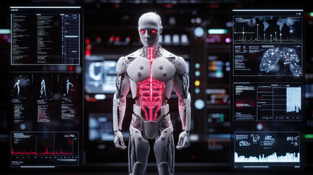 A futuristic robot showcases its visible anatomy against a backdrop of digital data screens. The interaction of technology and human-like features illustrates advanced innovation in robotics and health monitoring.の素材