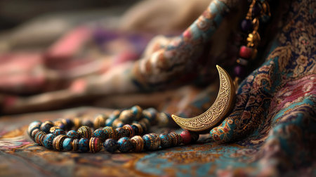 Discover an elegant arrangement of jewelry featuring a moon pendant among colorful fabric, showcasing unique craftsmanship and rich textures.の素材