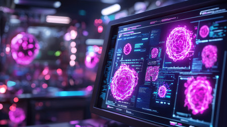 This image features a futuristic laboratory with a vibrant digital display, showcasing advanced data visualization and technology in a colorful and interactive environment.の素材