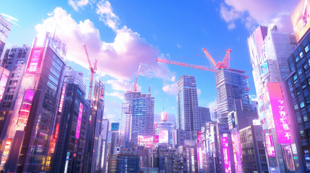 Dynamic city skyline showcases modern architecture and construction under a bright blue sky. The vibrant scene highlights urban development and progress.の素材