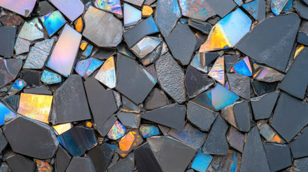 A vibrant close-up of colorful mosaic tiles featuring iridescent surfaces. This artistic design captures the beauty of texture and color combinations in decorative elements, ideal for various creative projects.の素材