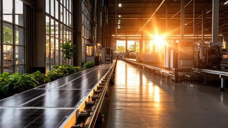 A spacious industrial interior illuminated by the warm glow of sunlight, featuring solar panels along a production line. Emphasizes sustainability and modern technology.の素材