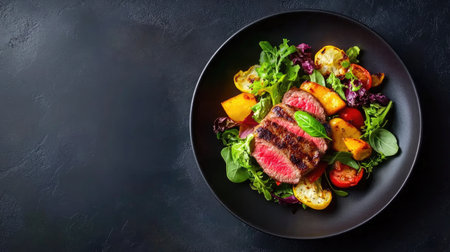 This image showcases a beautifully plated grilled steak served with fresh vegetables and herbs. The vibrant colors and elegant presentation highlight the gourmet quality of the dish, ideal for food enthusiasts.の素材