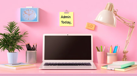 A vibrant and modern workspace featuring a laptop, stylish stationery, and greenery. This setup encourages productivity and creativity in a cheerful environment.の素材