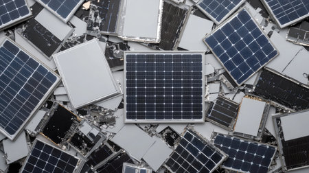 A vibrant arrangement of solar panels and discarded electronic parts highlights the intersection of renewable energy and technology waste in today's world.の素材