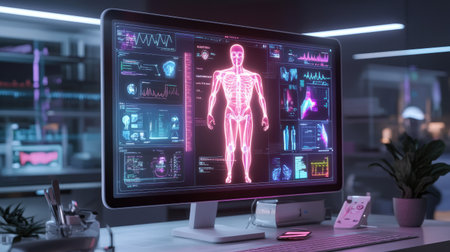 A modern medical monitor showcases a detailed human anatomy visualization alongside various health data metrics, exemplifying advanced healthcare technology in a clinical workspace.の素材