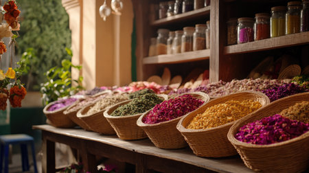 A vibrant selection of dried flowers and spices displayed in woven baskets at a traditional market. This picturesque scene captures the essence of local craftsmanship and natural beauty.の素材