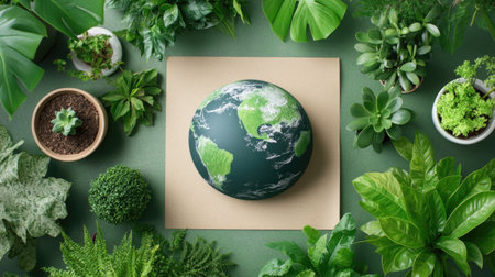 An artistic arrangement of a globe depicting Earth, nestled among a variety of vibrant green plants. This composition emphasizes nature, sustainability, and ecological awareness.の素材