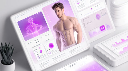 A futuristic health interface featuring a male model, showcasing fitness tracking and data metrics. Ideal for wellness and technology themes.の素材