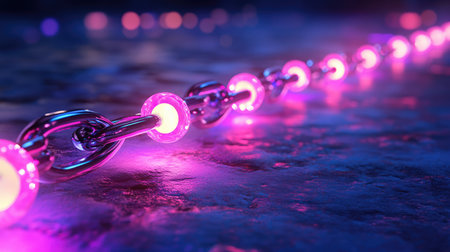 A captivating image of neon chain links radiating a vibrant glow, set against a mysterious surface. This visually striking composition evokes modern and futuristic themes.の素材