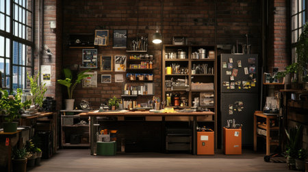 This inviting workshop features a blend of modern decor and natural elements, perfect for creativity. The warm ambiance and organized tools inspire crafting and productivity.の素材