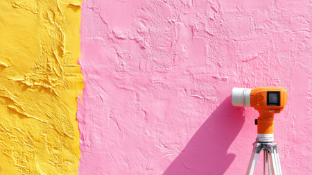 A bright orange camera positioned on a tripod stands against a textured wall featuring vibrant yellow and pink colors, creating a striking visual contrast ideal for creative projects.の素材