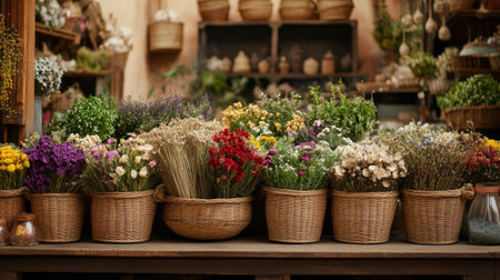 A vibrant display of fresh flowers in rustic baskets captures the essence of nature at a local market. The arrangement showcases colorful blooms, perfect for home decor or gifts.の素材