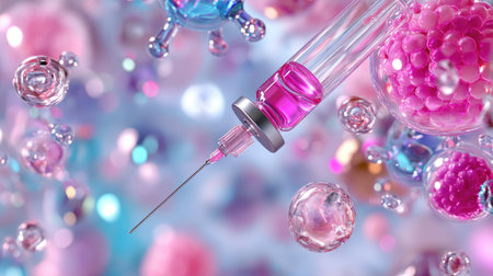 This vibrant image features a syringe filled with pink liquid, surrounded by colorful abstract bubbles and cells, representing modern science and healthcare innovations.の素材