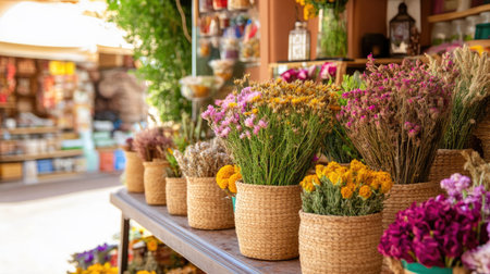 A vibrant flower display featuring colorful blooms in natural baskets. This charming market scene showcases an array of flora, perfect for capturing a lively and fresh atmosphere.の素材