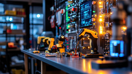 A detailed view of a high-tech electronic workshop featuring various tools and circuit boards. This setup highlights innovation and precision in technology and engineering.の素材