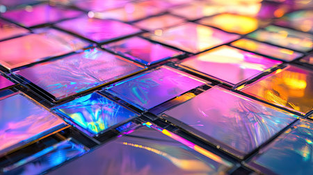 A stunning close-up of colorful reflections on square tiles featuring iridescent surface patterns. Ideal for artistic and abstract projects.の素材
