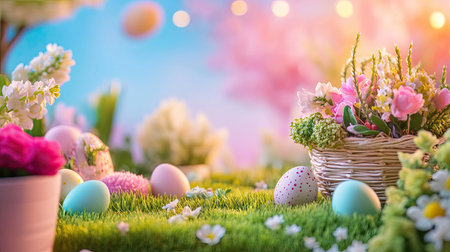 A vibrant spring garden scene featuring colorful Easter eggs nestled in lush grass surrounded by blooming flowers and decorative baskets. Ideal for seasonal celebrations.の素材