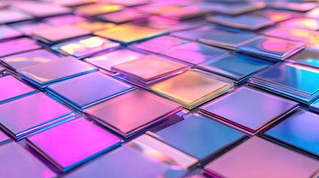 An array of colorful iridescent tiles reflects light, creating a mesmerizing pattern. This design is perfect for backgrounds, decor, or artistic projects.の素材
