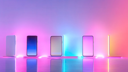 A captivating arrangement of modern smartphones illuminated with vibrant neon lights, highlighting sleek designs and colors, perfect for technology and lifestyle themes.の素材