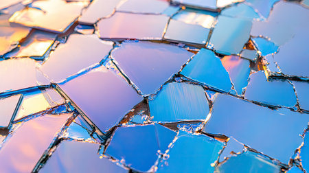 A close-up view of broken glass pieces reflecting a vibrant array of colors. The reflective surface creates an artistic and visually striking abstract design.の素材