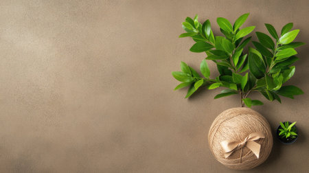 A serene arrangement featuring a green plant in a decorative pot, set against a textured brown background. Ideal for promoting nature and wellness themes.の素材