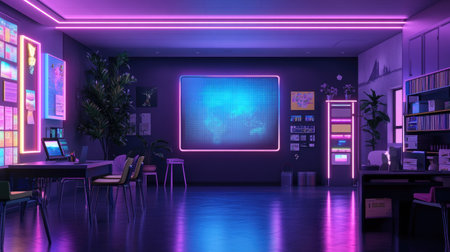 This modern office space features vibrant neon lights, sleek furniture, and digital displays that create an inspiring and creative environment for work and collaboration.の素材