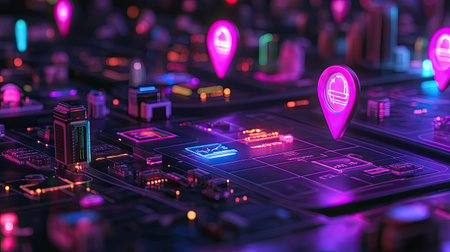 This vibrant city map features neon markers, colorful lights, and urban details. It represents advanced navigation, technology, and modern exploration.の素材