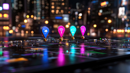 Vibrant digital icons on a city map at night highlight modern technology and connectivity, creating an engaging visual experience for urban exploration.の素材