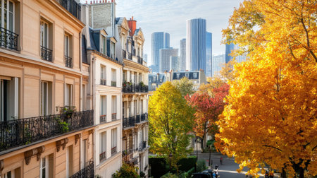 A vibrant autumn scene showcasing Parisian architecture amidst colorful fall foliage. The contrast of historic buildings and modern skyline creates a captivating urban landscape.の素材