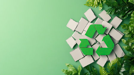 This vibrant image showcases the recycling symbol surrounded by green leaves and light cardboard pieces, emphasizing sustainability and eco-friendly practices in a modern design.の素材