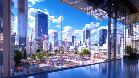 A vibrant urban construction scene showcasing a dynamic skyline with cranes and modern architecture under a clear blue sky. Ideal for themes of progress and development.の素材