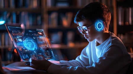 A young boy engages with advanced technology, wearing stylish glasses and a headset, showcasing curiosity and exploration in a modern, futuristic environment.の素材