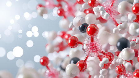 Vibrant illustration of molecular structure showcasing colorful atoms and bubbles. Perfect for chemistry, science, and education-related projects.の素材