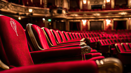 This stunning image captures a row of elegant red theatre seats in a luxurious performance venue, highlighting the rich decor and inviting ambiance.の素材