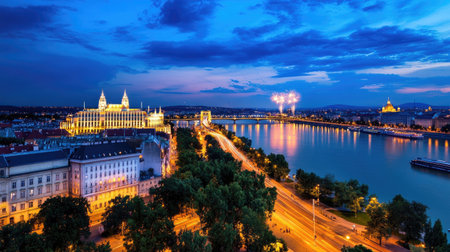 A stunning sunset view captures a river illuminated by city lights and vibrant fireworks in the background, showcasing the perfect blend of nature and urban beauty.の素材