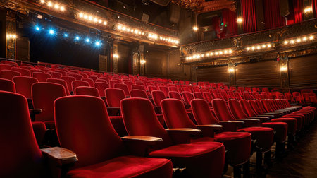 Experience the allure of a stunning theater featuring luxurious red velvet chairs awaiting an audience, surrounded by an elegant and inviting atmosphere.の素材