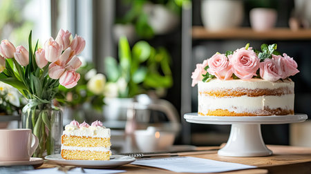 A charming scene featuring a beautifully decorated cake with pink roses, complemented by fresh tulips. Ideal for occasions celebrating sweetness and elegance.の素材