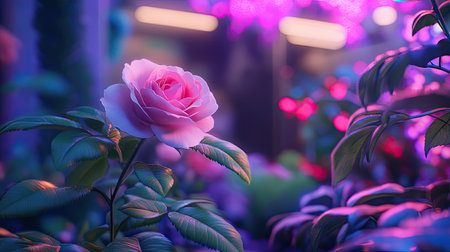 A stunning pink rose gently blooms amidst a vibrant, neon-lit garden. The lush green leaves enhance the flower's beauty, creating a serene atmosphere.の素材