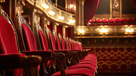 An exquisite view of rows of red velvet seats in a grand theatre, showcasing intricate detailing and warm lighting. Ideal for themes of elegance and entertainment.の素材