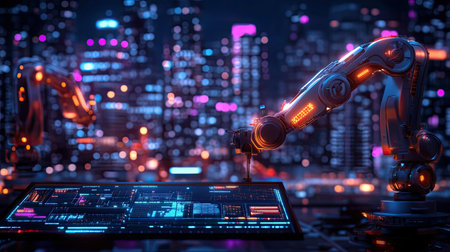 A futuristic robotic arm interacts with a glowing digital interface, set against a vibrant city skyline at night, showcasing innovation in technology and automation.の素材