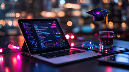 A dynamic workspace featuring a laptop with coding display and a graduation cap, set against colorful lights. Ideal for themes of education and technology.の素材