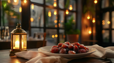 A beautifully arranged plate of red dates sits on a table, illuminated by warm candlelight in an elegant restaurant setting, creating a cozy atmosphere perfect for dining.の素材